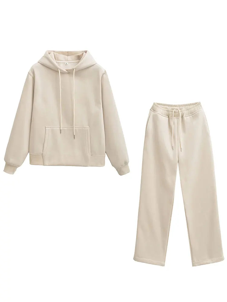 HH Women Solid Pants Suits Pullover Coats Hooded Sweatshirts Drawstring Wide Leg Trousers Autumn Casual Woman Jogging Pants Sets