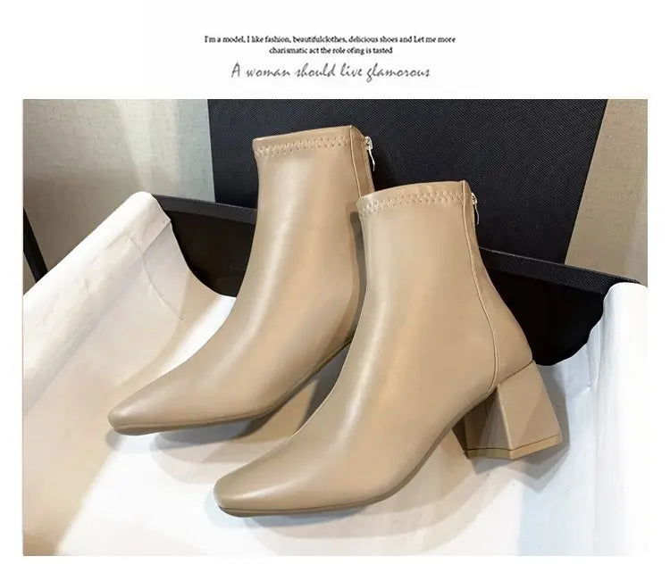 Ladies Bla High Heel ort Boots Spring Autumn Briti Sle Square Head  Boots Faionable Waterproof PU Leather