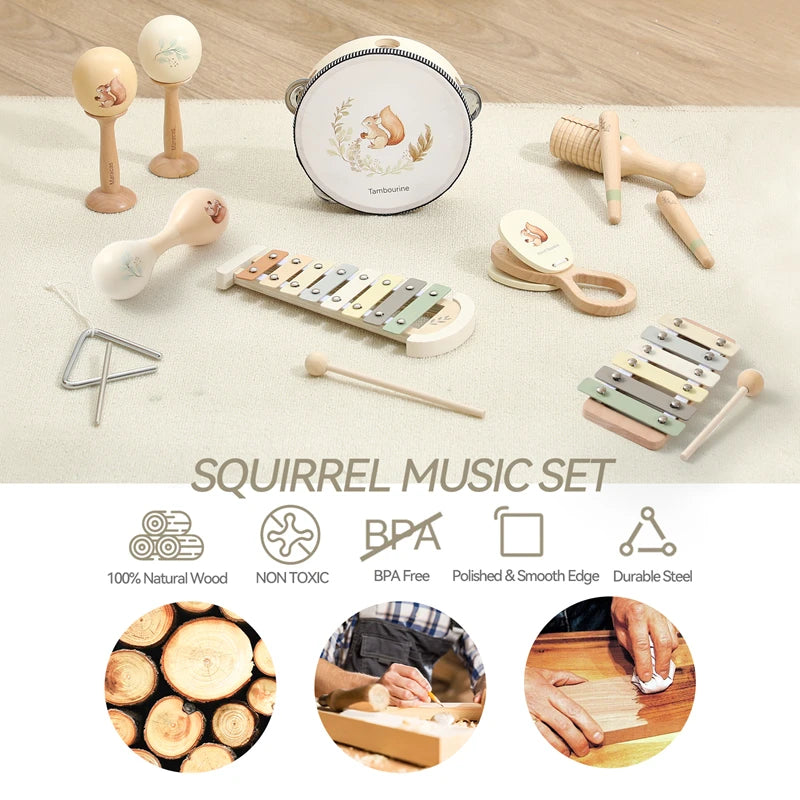 Baby 1-3 Year Montessori Musical Instruments Wooden Musical  Interactive Game Newborn Cartoon Squirrel Pattern Educational Gifts