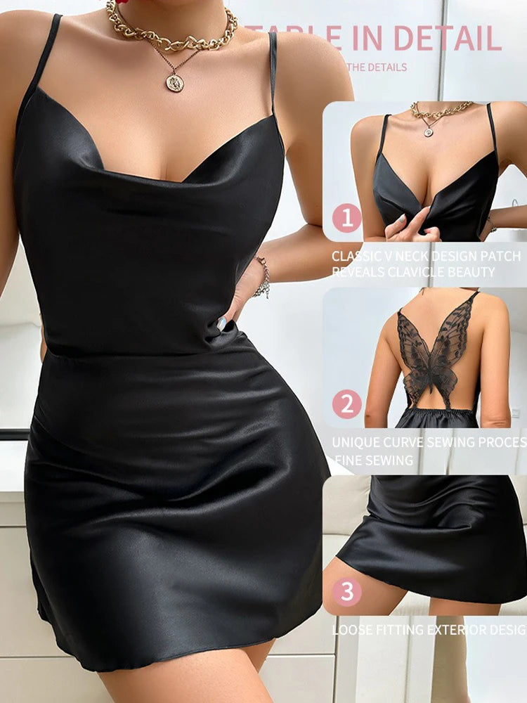 Lingerie Butterfly Sexy Nightgown for Women Luxury Summer Backless Braces Skirt Silk-like Thin Dress Home Wear Sleepwear Gifts