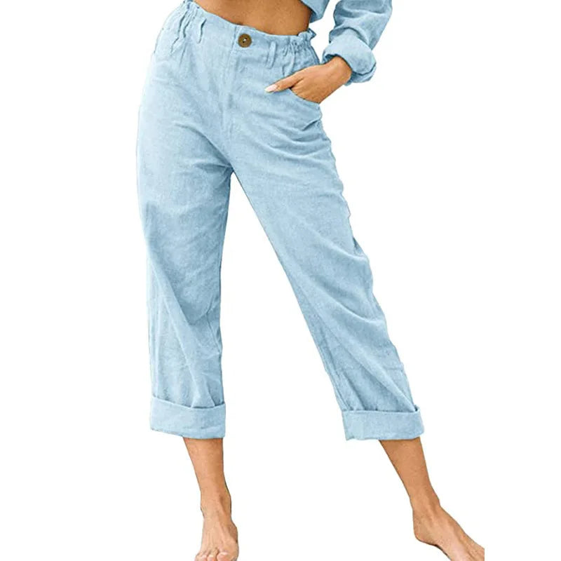 Summer 2024 new ladies cotton and linen straight tube cropped casual and comfortable simple women radish pants
