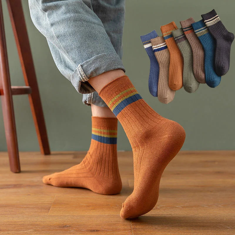 7 Pairs of Men's Striped Socks Fashionable Casual Socks High Quality Harajuku Retro Socks for Men Large Size Long Socks