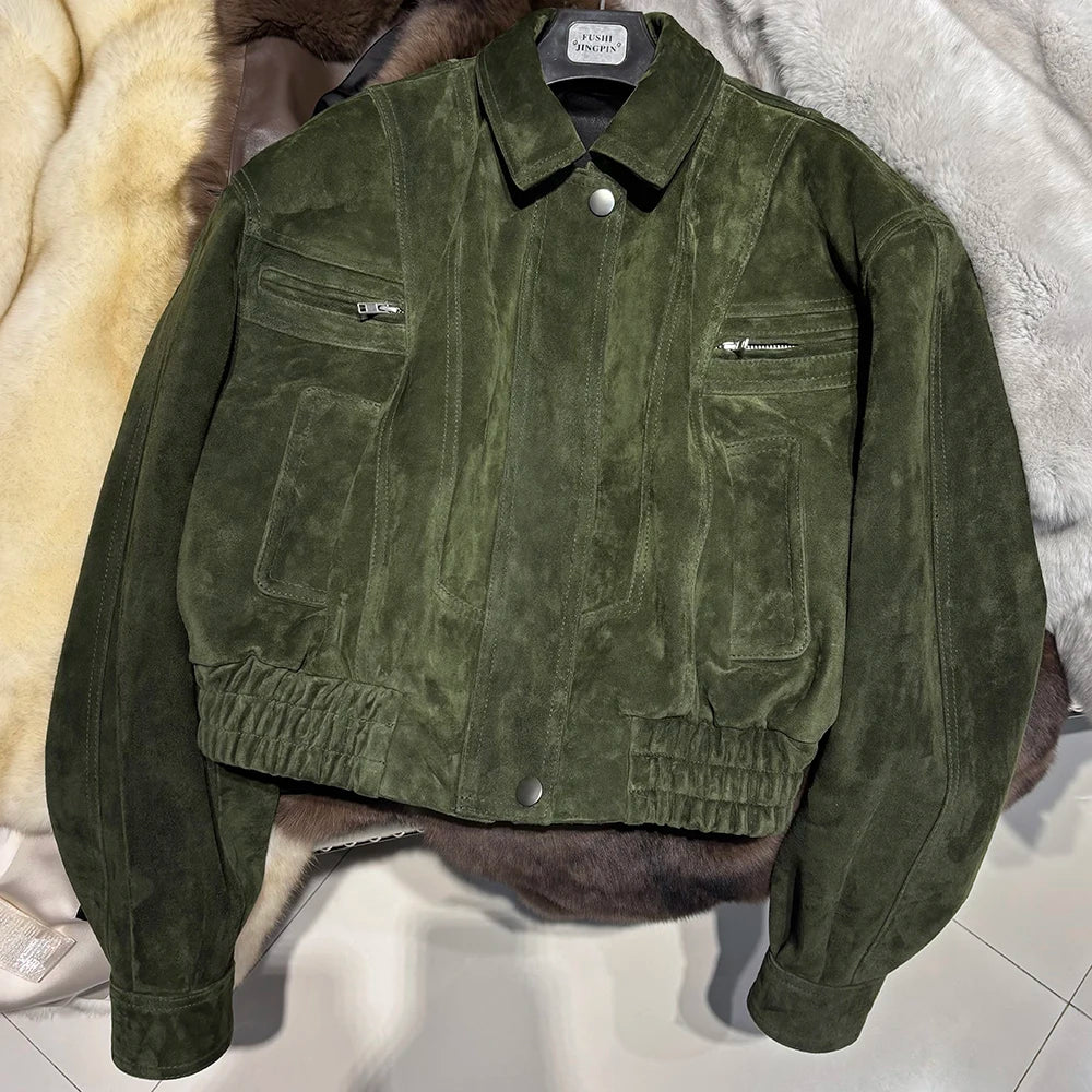 YOLOAgain 2025 Autumn Oversized Suede Jacket Women Real Leather Bomber Jacket Female