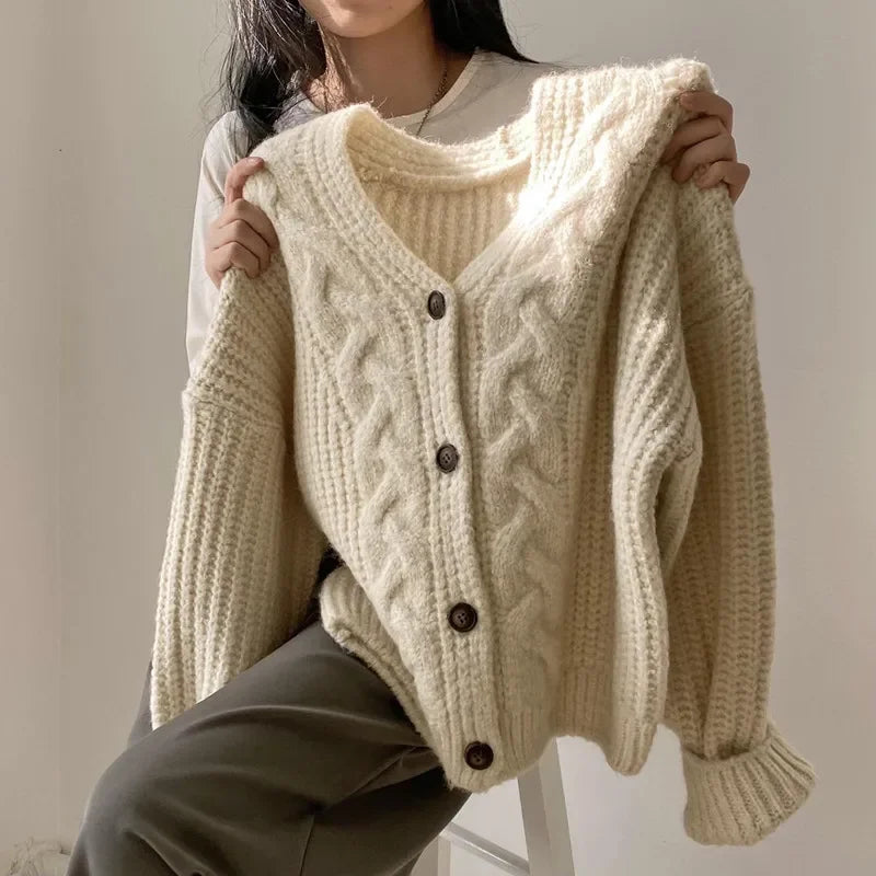 Fashion Knitted Cardigan Women V-nek Loose Sweater Casual Winter Warm Long Sleeve Coats Autumn Elegant Solid Color Knitted Tops