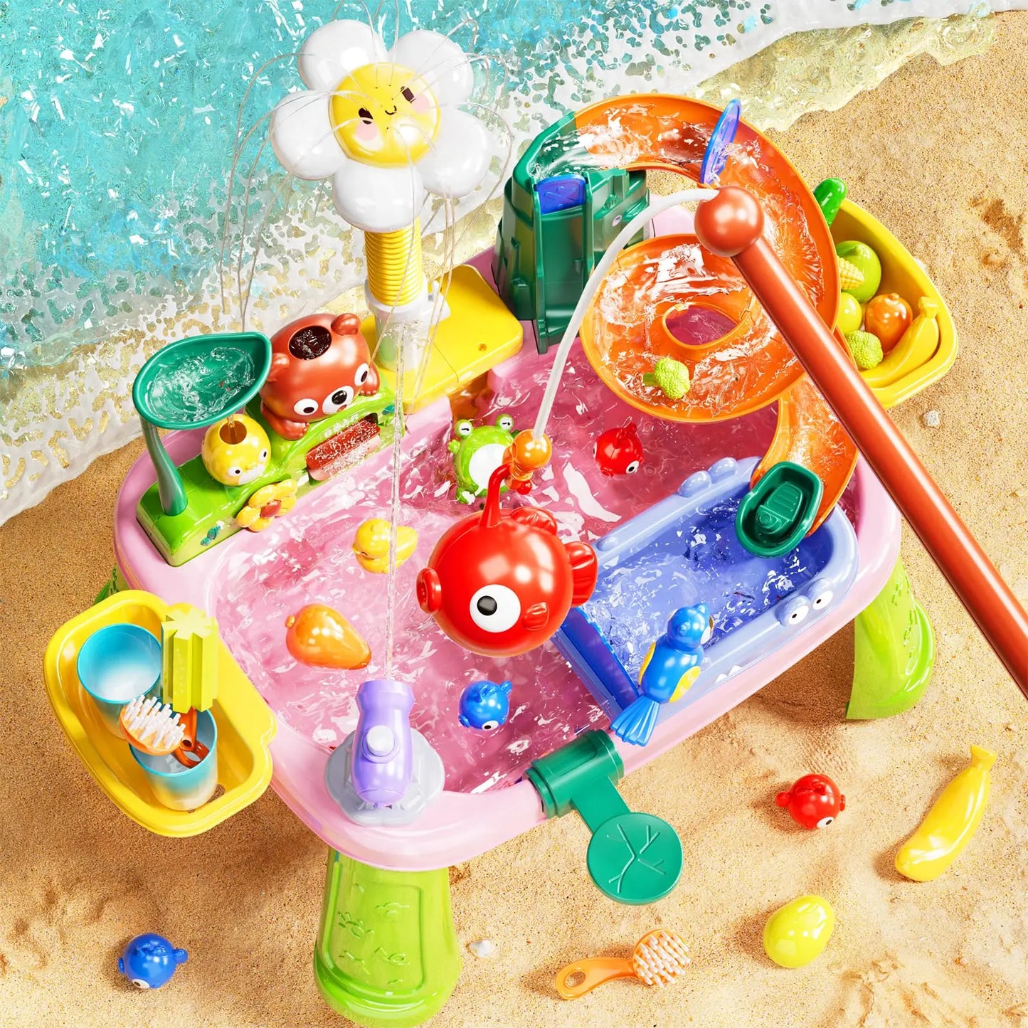 Water Table Play Sink Toys for Toddlers, Kids Play Kitchen Sink with Running Water, 360° Electric Faucet, Floating Fishing Game