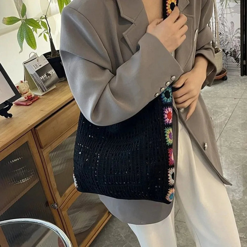 Fashion Large Capacity Women Shoulder Bag Floral Crochet Vintage Handbag Boho Hollow Out Knitted Crossbody Bags
