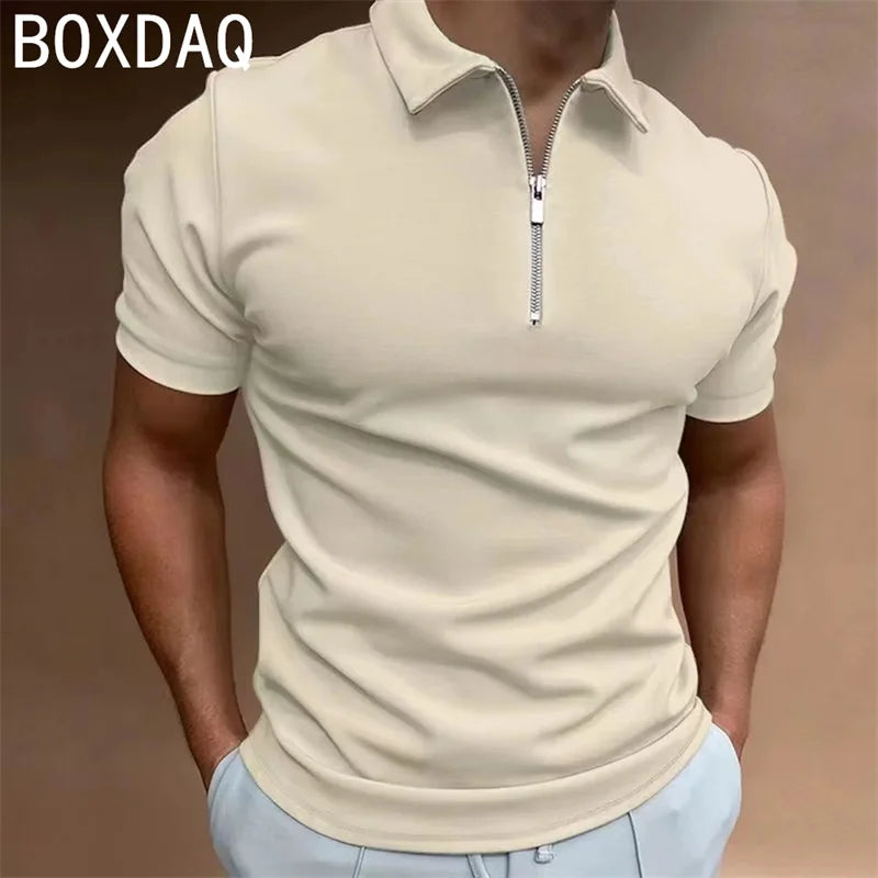 Men's Solid Color Polo shirt Fashion Casual Short Sleeve Lapel Zip Collar Sport Polos Men's Summer High Quality Harajuku Tops