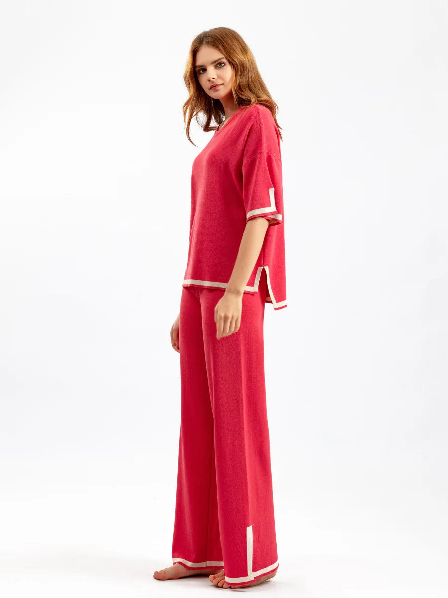 Pants Set Women Two Piece Sets Short Sleeve Spring Knit Tops Loose Casual Wide Leg Long Pants High Waist Y2k Streetwear Spring