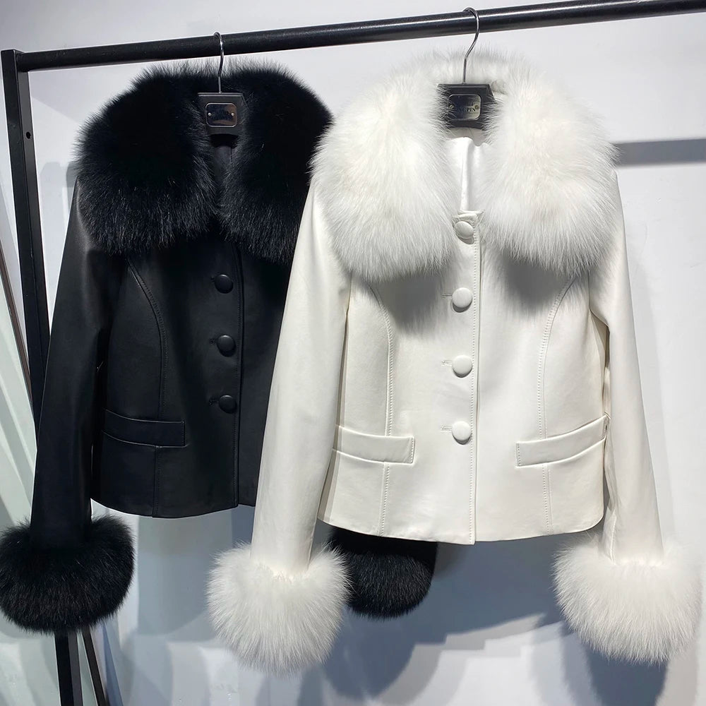 YOLOAgain Women's Mongolia Sheep Fur Collar Real Leather Jacket Single Breasted