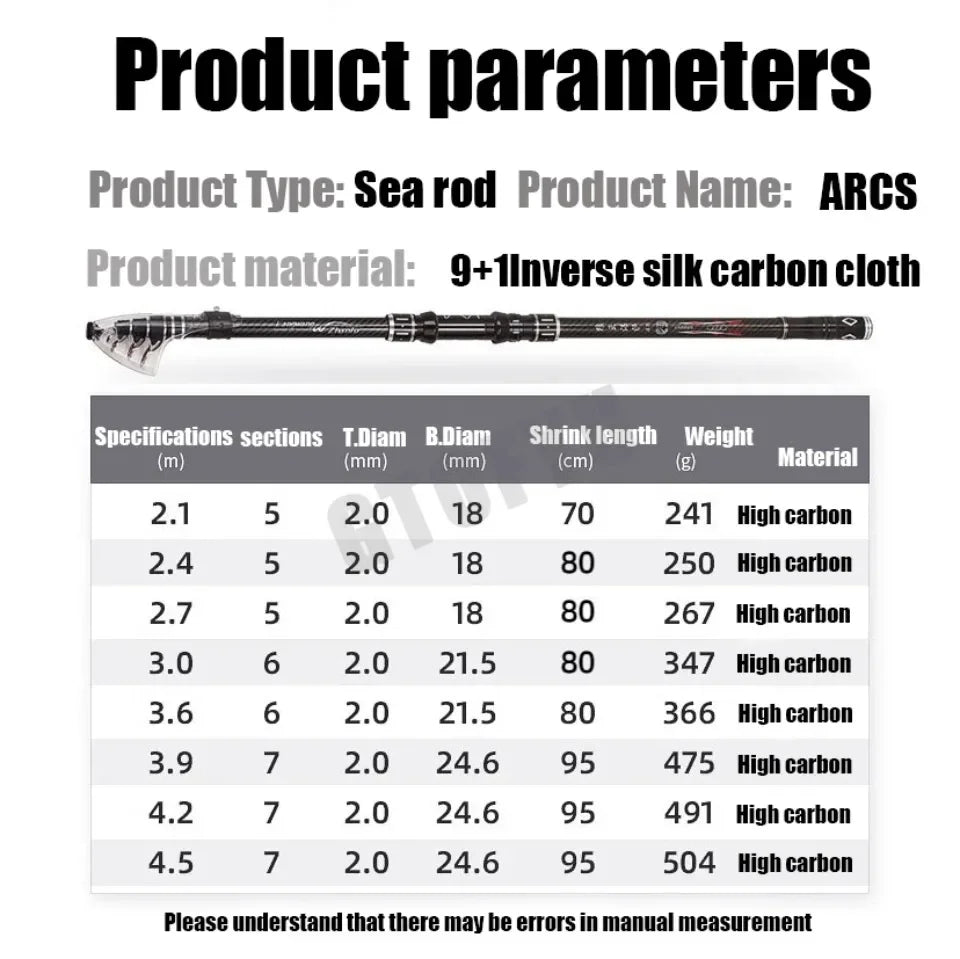 2.1-4.5M Telescopic Fishing Rod Carbon Spinning Fishing Pole Boat Saltwater Freshwater Beach Rock Surfcasting Baitcasting Rod