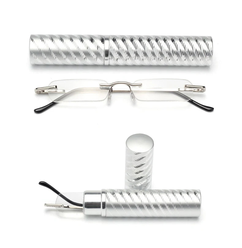 Premium Frameless Reading Glasses for Travel Spiral Metallic Tube Case Spring Hinges Lightweight for Men & Women