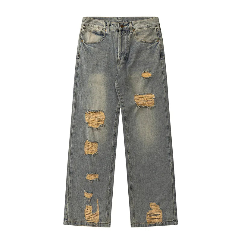 2025 Stylish Minimalistic Washed Ripped Denim Pants for Men Retro High Street Loose Wide Leg Pants for Spring and Autumn