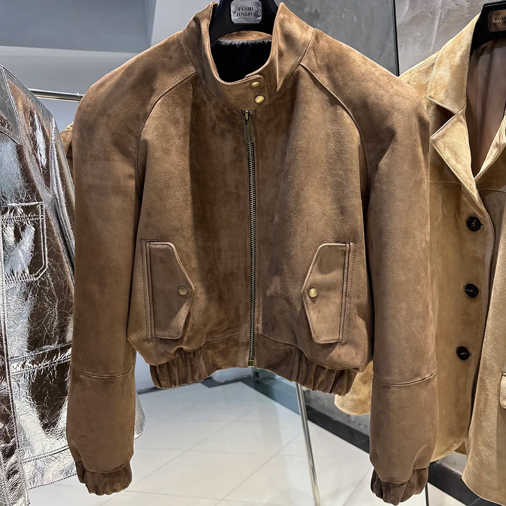 YOLOAgain Suede Leather Jacket Coat Women Real Leather Cropped Jacket Bomber Jacket 2025 Autumn
