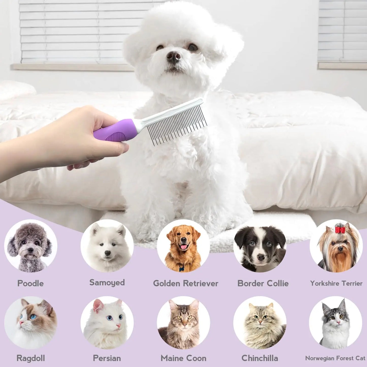 Pet hair comb,with long and short stainless steel teeth,remove tangles and knots,Pet Grooming comb for dogs cats