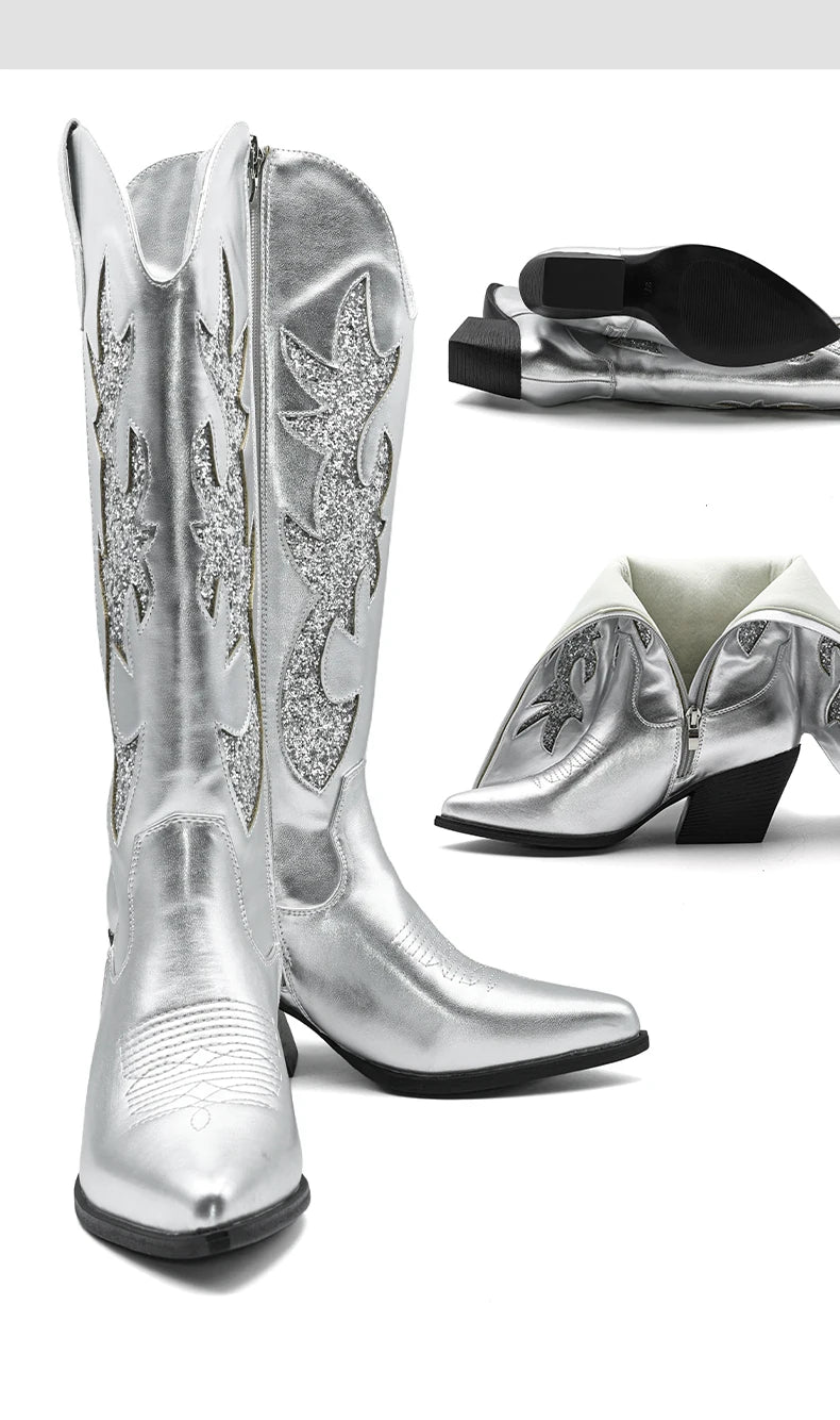 Shoes for Women New Embroidered Western Cowboy Boots Women Autumn Pointed Toe Thick Heel High Knee Boots