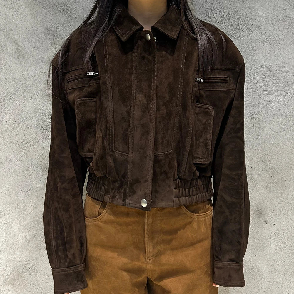 GBY Brown Suede Leather Jacket Cropped Genuine Soft Sheep Jacket 2025 Woman Jackets