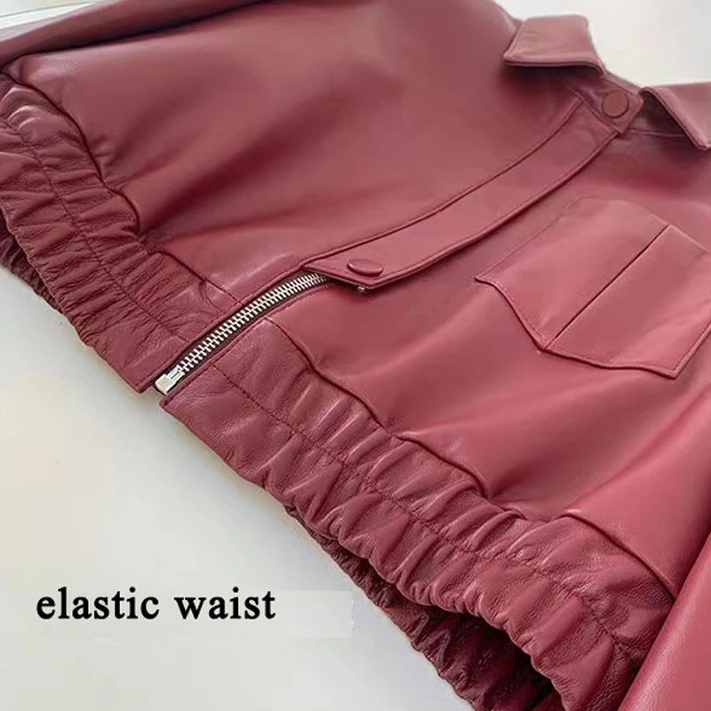 European 2025 New Fashion Short Leather Jacket For Women Casual Elastic Band Waist Top Clothing Mujer Varsity Claret Veste