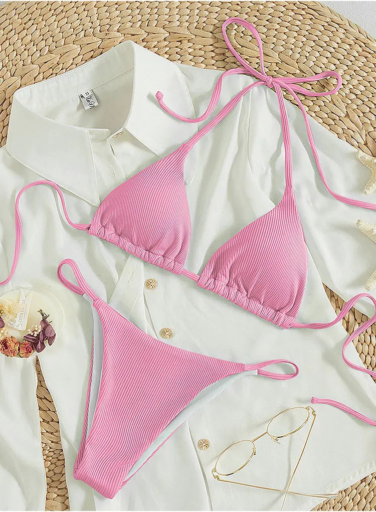 Bathing Suit Women Sexy Solid Halter Swimsuit Special Stripe Fabric Bikini Set Drawstring Lace Up Two-piece Split Beach Biquini