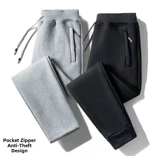 Men's Fleece Lined Trousers Loose Fit Straight Leg Casual Pants with Pockets Zipper Closure Autumn Winter Outerwear