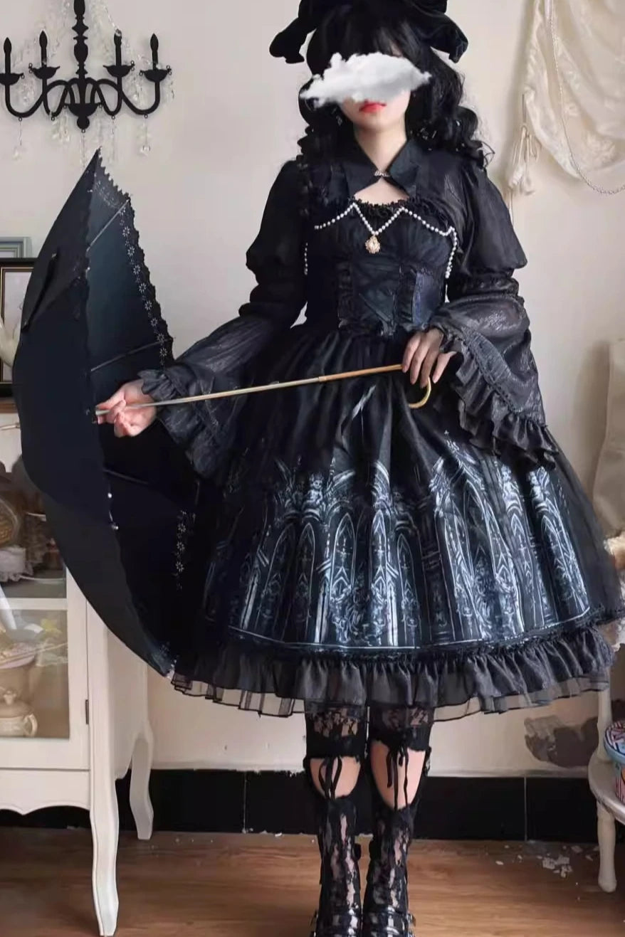 2025 Lolita Dark Gothic Style Sweet Ruffles Jsk Dress Summer Personality Girls Lace-up High Waist A-line Dress Long Sleeve Shirt