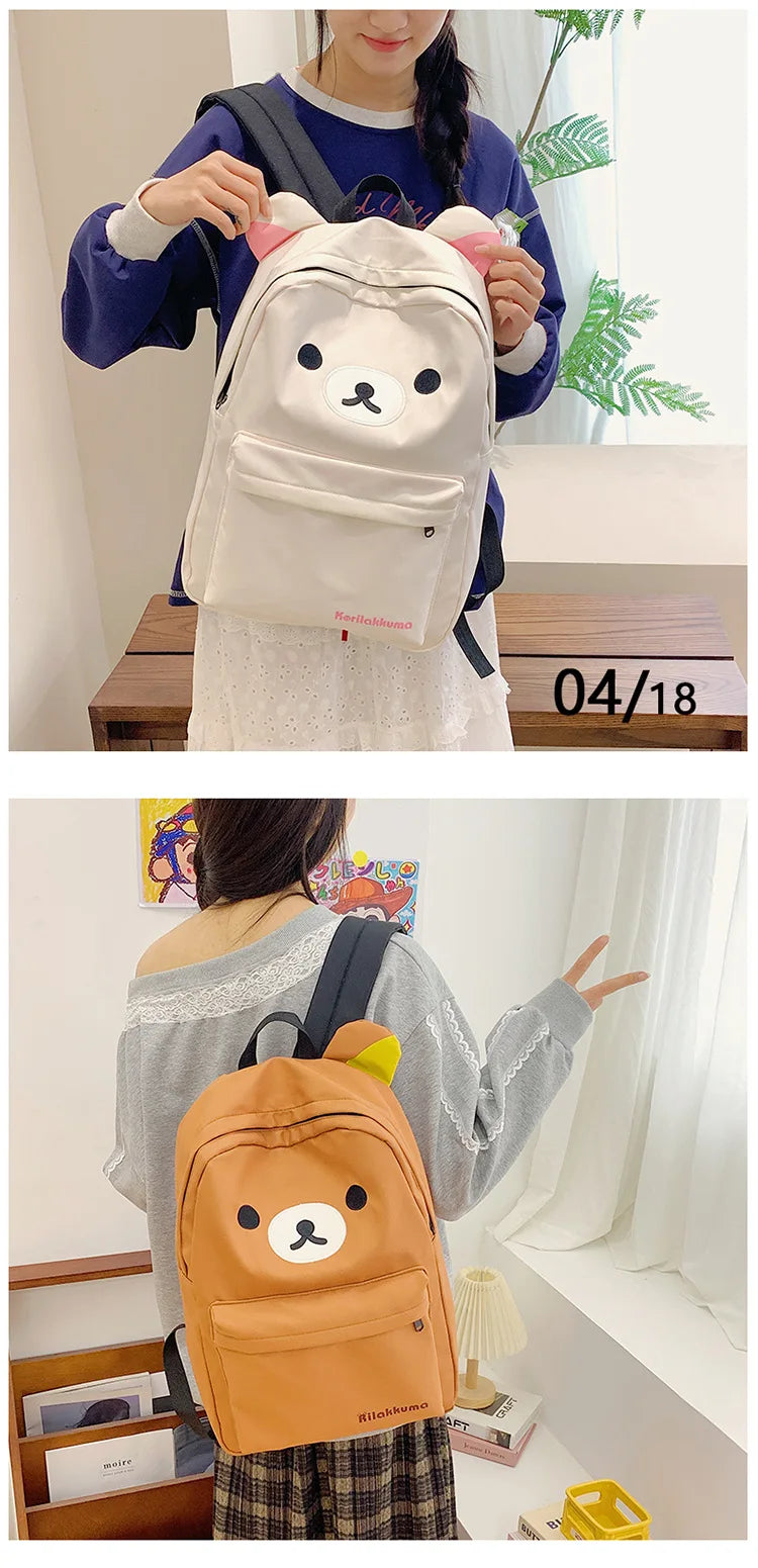 Rilakkuma Kawaii Cartoon Backpack Waterproof Nylon Large Capacity Embroidery School Bag For Young Adult Daily Travel Campus Work