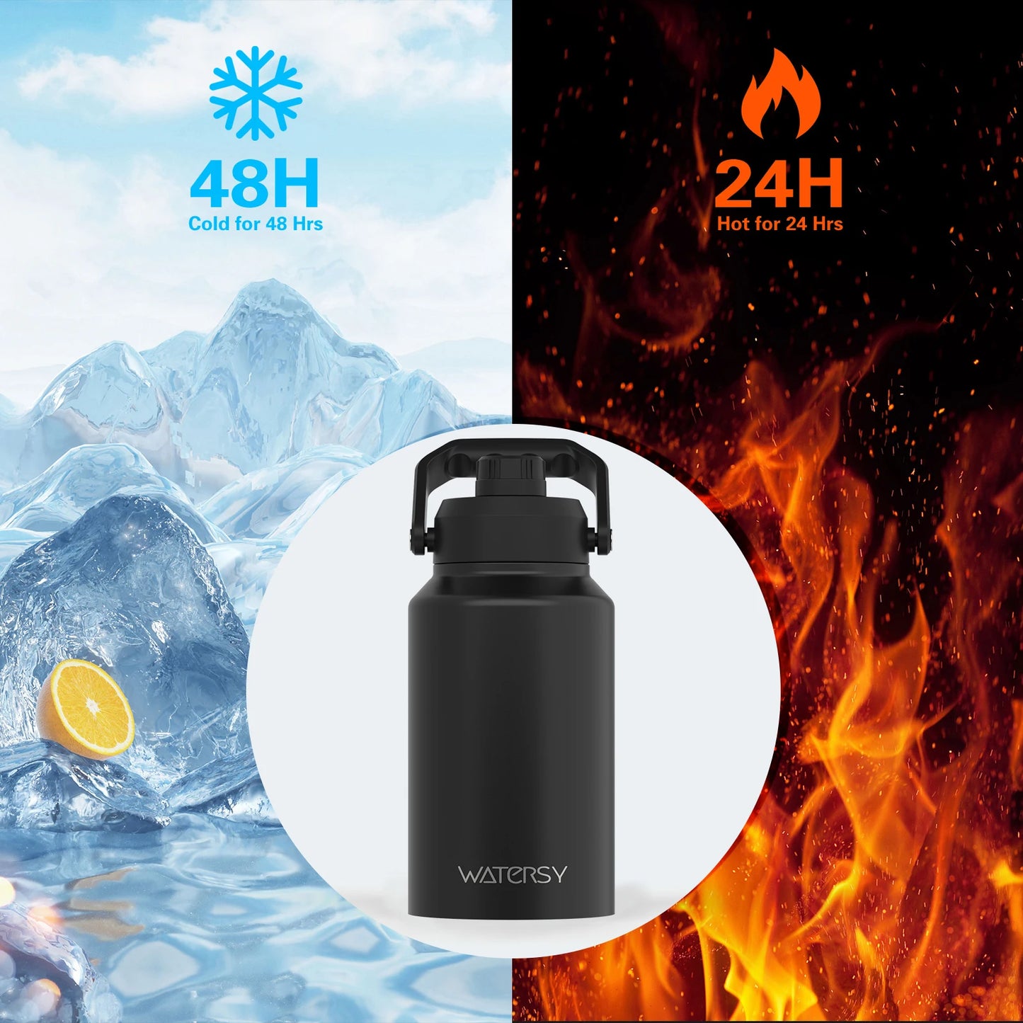 WATERSY 64/87/128oz Insulated Water Bottle Keep Cold for 48H 2L Large Stainless Steel Thermos with Handle for Gym Hiking Camping