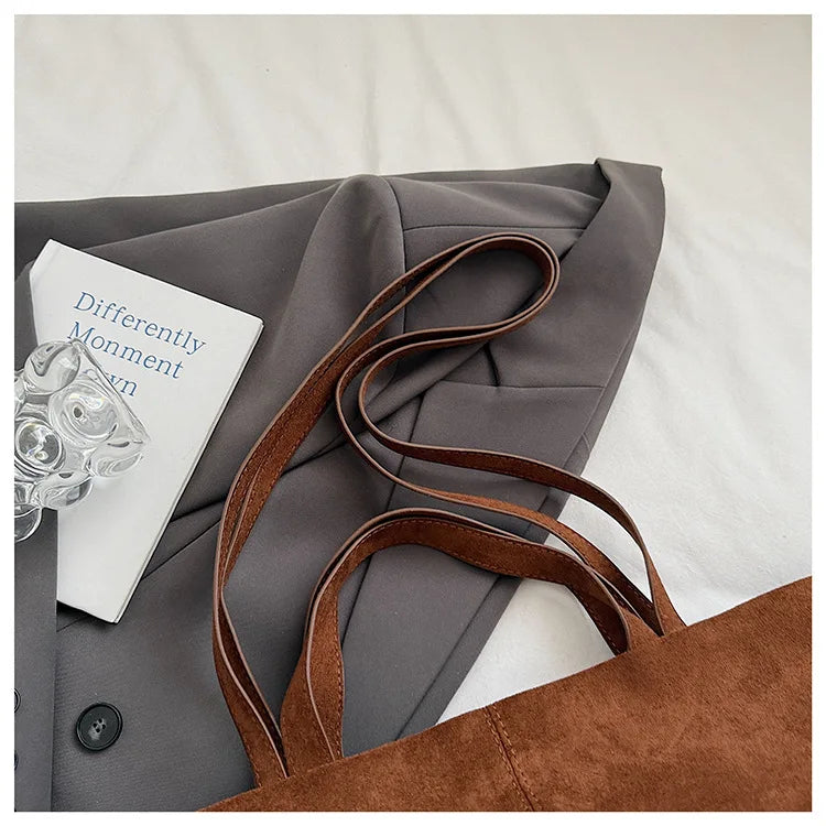Large Capacity Tote Women Bag Retro Faux Suede Shoulder Bag Quitting Designer Bags for Women Handbag Commuting Shopper Purses