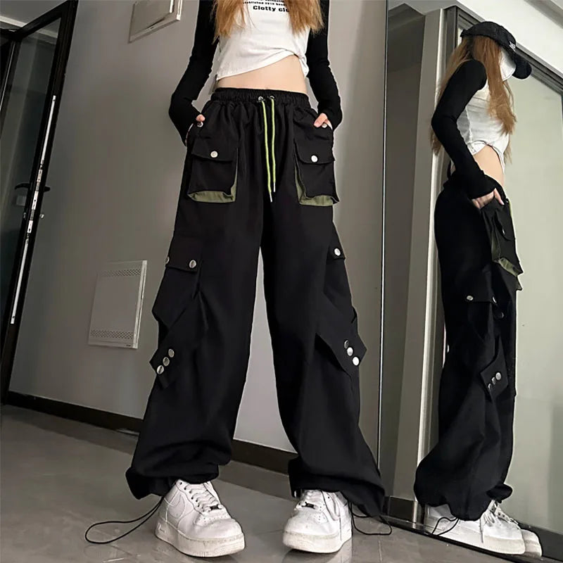 American High Street Workwear Casual Pants Women Loose Color Block Straight Leg Long Pants Pocket High Waist Wide Leg Trousers