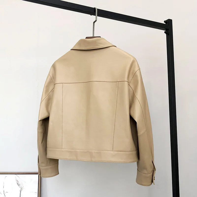 Women's Genuine Leather Jacket Spring Autumn New Female Sheepskin Fashion Personality Square Collar Short Coat Kadın Deri Ceket