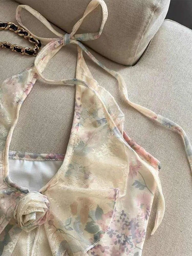 Summer Floral Halter Top Women Sweet Fairy Lace Bow Slim Fit Sleeveless Blouse Elegant Cute Mesh Transparent Layer Shirt Vest