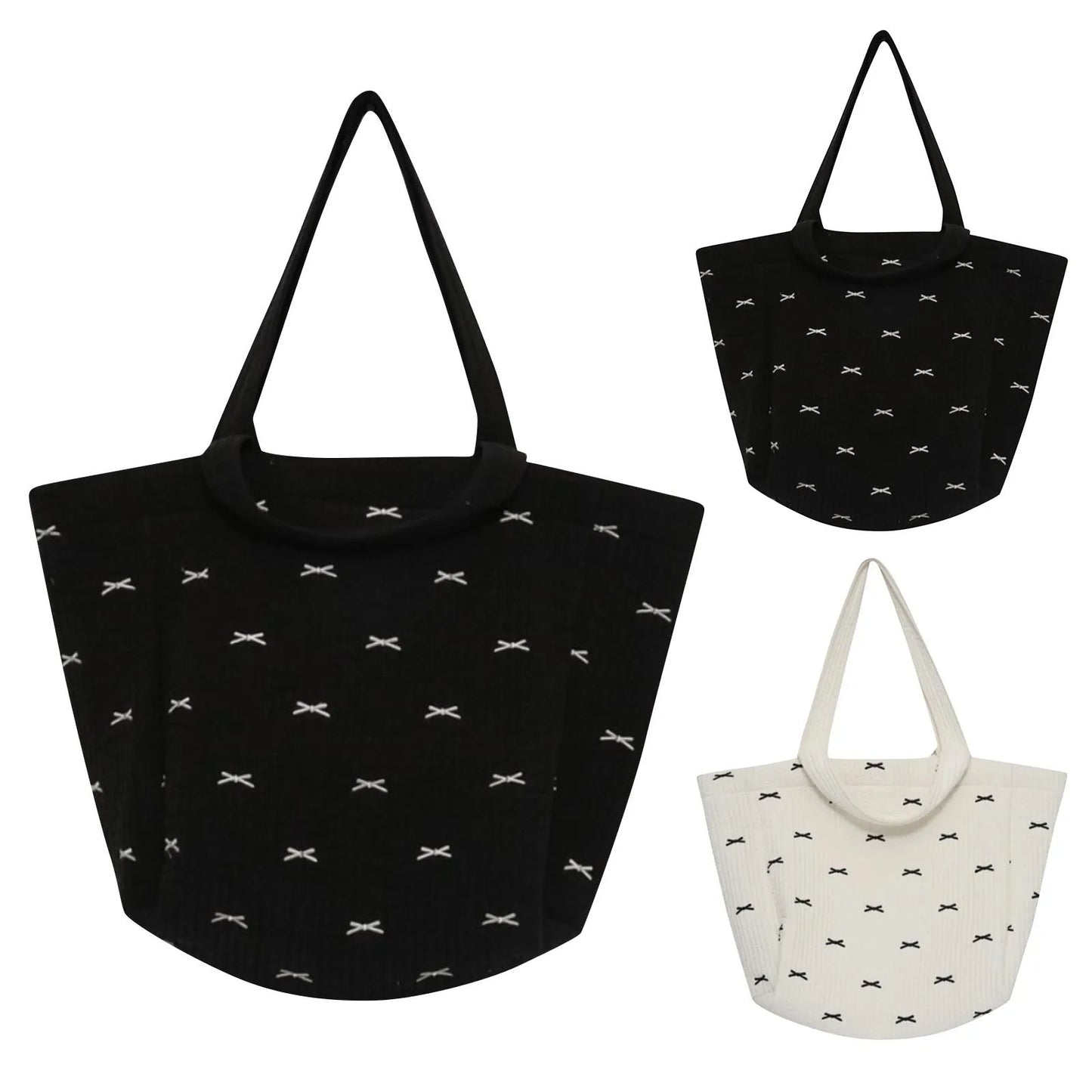 Large Capacity Tote Bag For Women Fashion Simple Canvas Storage Bowknot Embroidered One-shoulder Bag