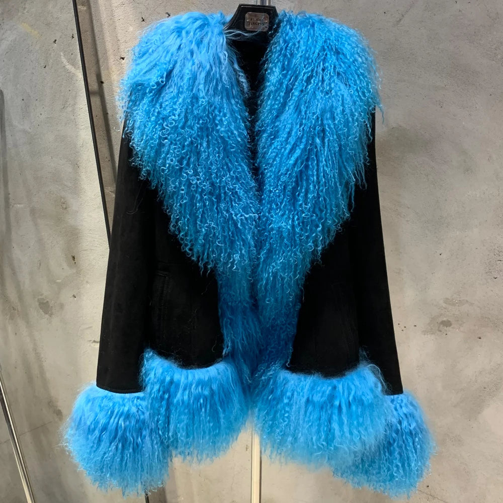 Sheep Collar Coats Women Winter Luxury Mongolian Fur Leather Jackets with Long Sleeve 7251