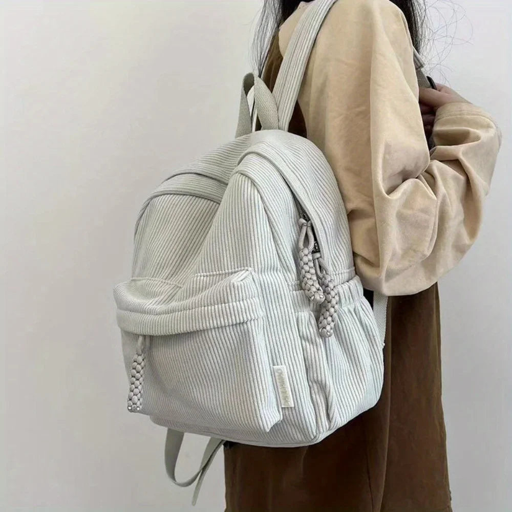Backpack Solid Color Corduroy Backpack Handbag Rucksack Small School Bags Commuting Simple Student Book Bags Autumn Winter