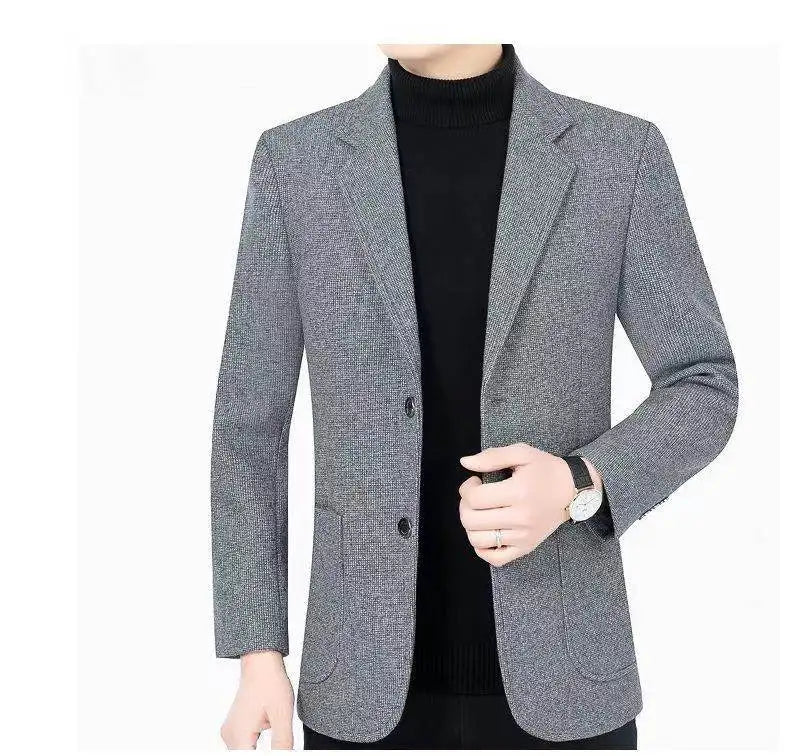 Men's woolen suit spring and autumn jacket is fashionable, cool and versatile. It is a solid-color checkered flat lapel short to