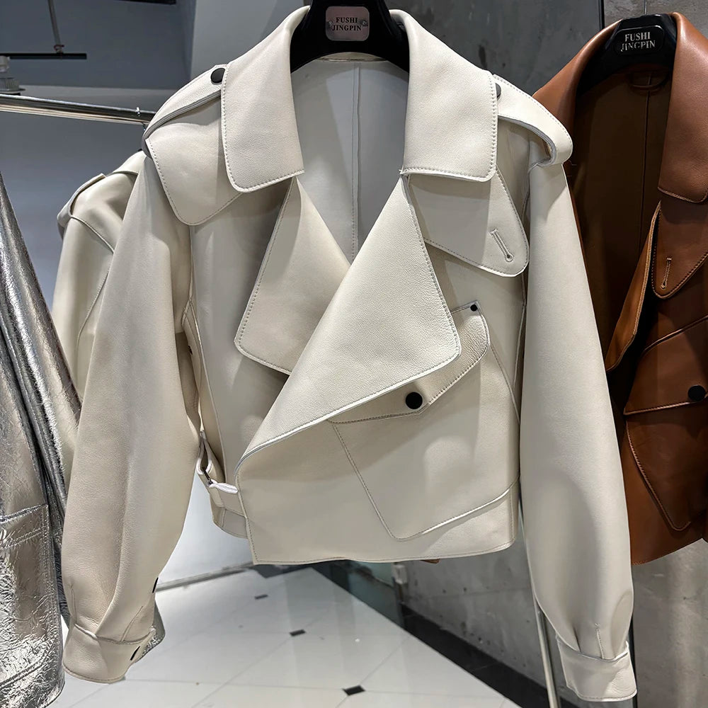 YOLOAgain Oversized Real Leather Jacket Women Sheepskin Coat