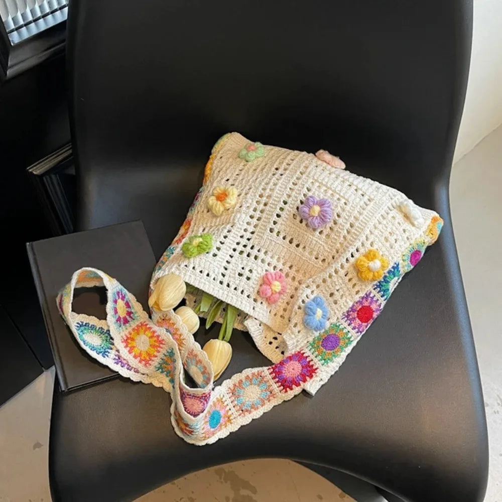 Fashion Large Capacity Women Shoulder Bag Floral Crochet Vintage Handbag Boho Hollow Out Knitted Crossbody Bags
