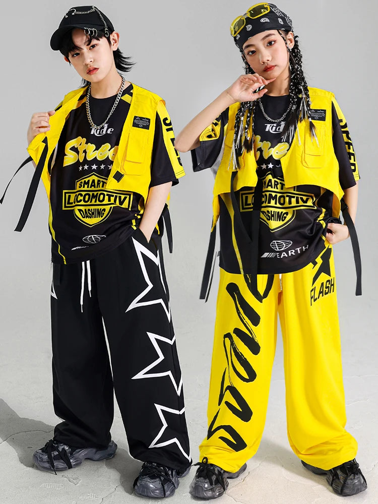 Boys Hip Hop Contrast T-shirt Yellow Vest Sweat Pants Girls Street Dance Jazz Costume Children Clothes Set Kids K-pop Streetwear