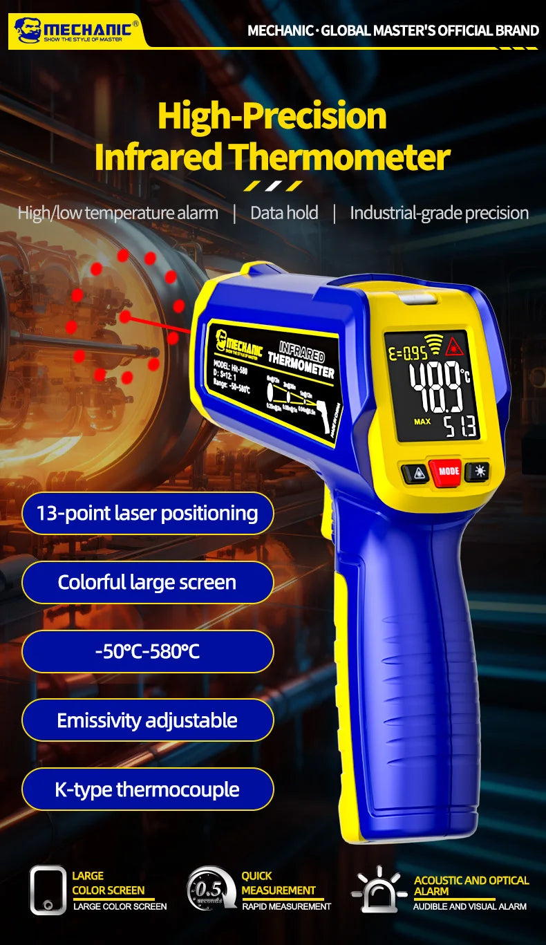 MECHANIC Industrial Thermometer Non-Contact High-Precision -50°C~580°C 13-Point Laser Targeting LCD Digital Temperature Meter