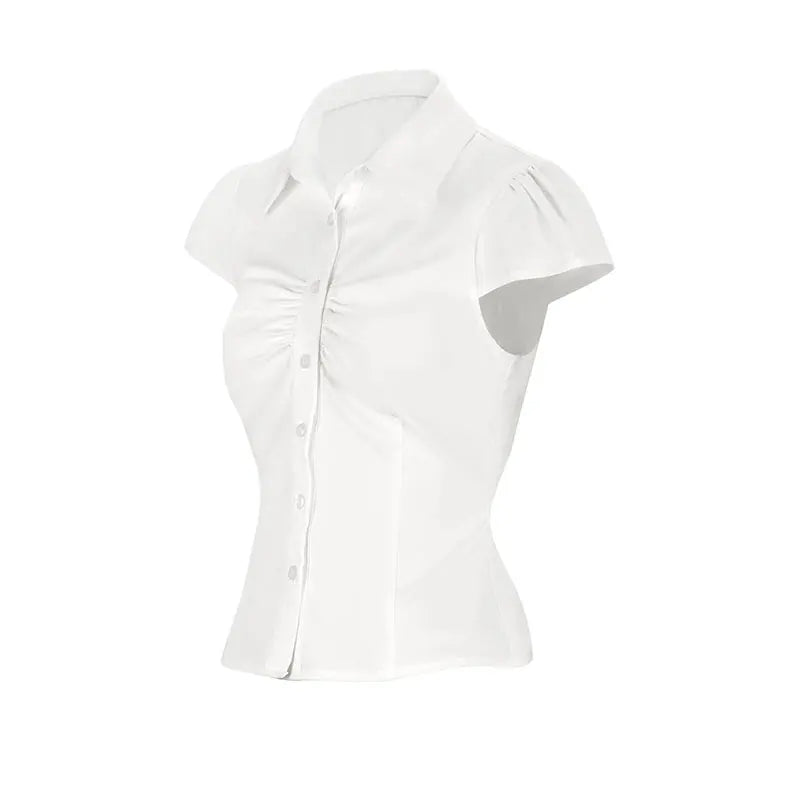 Summer Women Blouses T-shirt Streetwear New Fashion Button Turn-down Collar Casual Slim Tees Top Elegant Lady Versatile Clothing