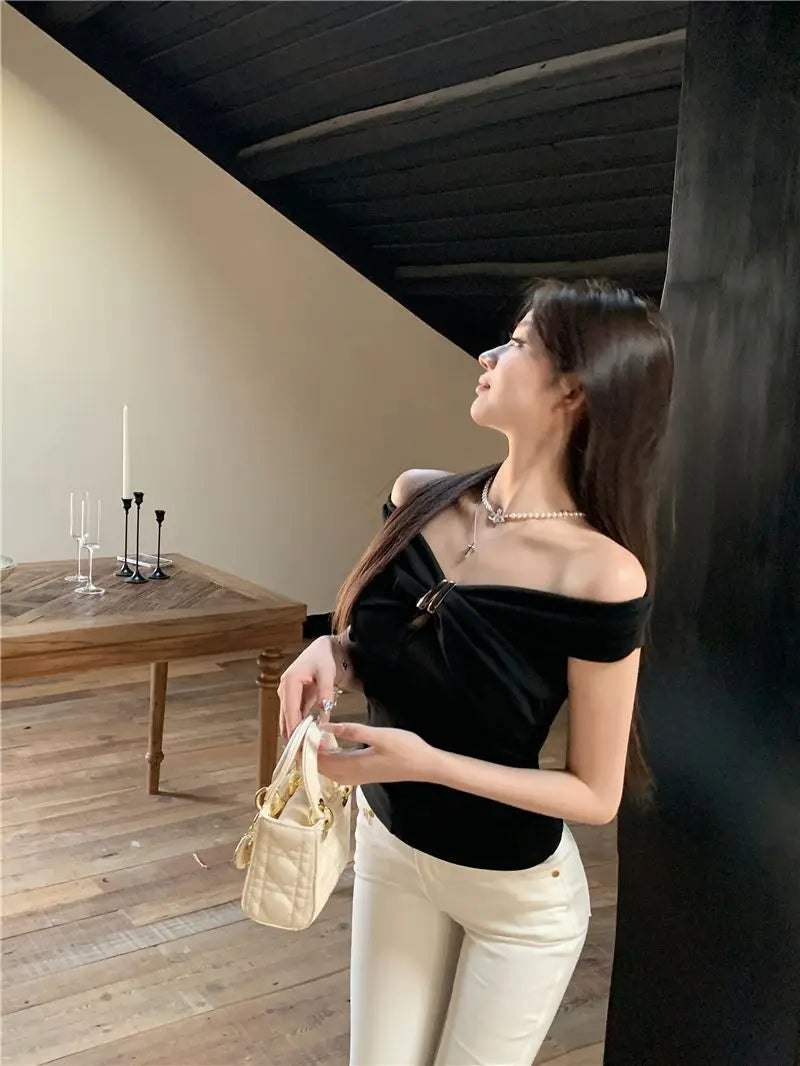 Summer Solid Color Sexy Off Shoulder Tops Lace Up Sleeveless T-Shirt Casual Slim  Top Black Short Sleeve Wome