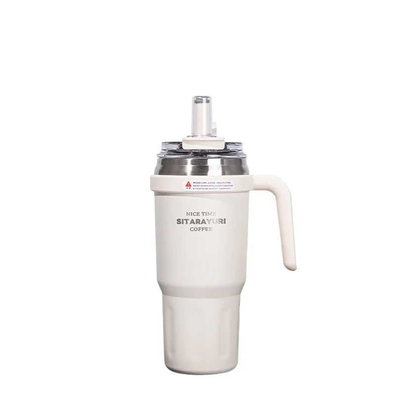Large Capacity Insulated Straw Water Bottle for Students Summer, Cold & Hot Retention Tumbler with Handle, Leak-Proof Portable