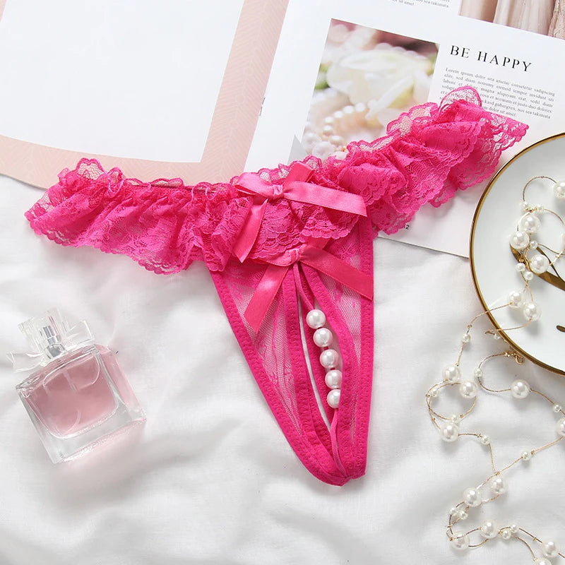 Thong Women Open Crotch Pearl Embellished Sexy Lace Underwear Fashion Lingerie Set Valentine Gift for Her