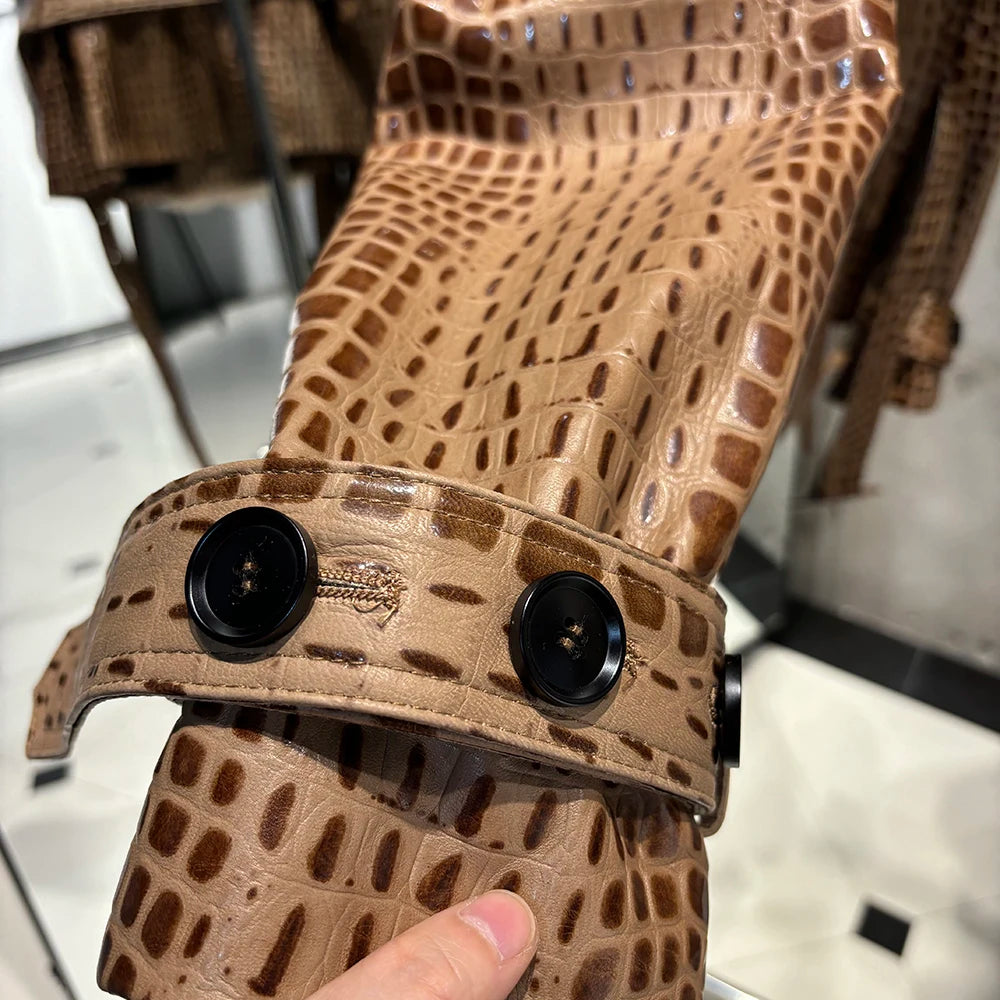 YOLOAgain Double Breasted Croc Pattern Leather Jacket Women 2023 Autumn New Genuine Leather Jacket Ladies