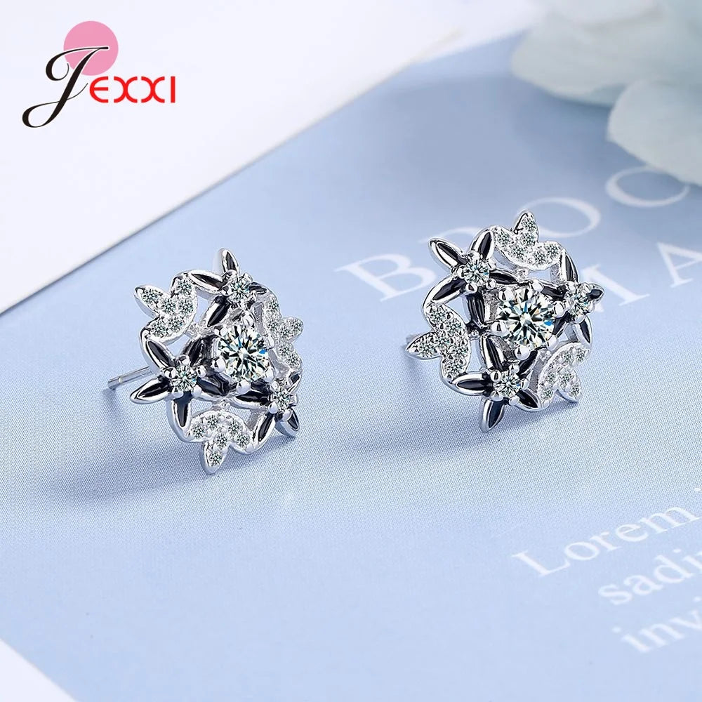 Sterling silver 925  Jewlery   New Cute Delicate Silver Plated Snowflake Stud Earrings For Women Shine CZ Stone