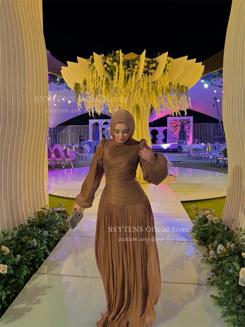 SSYTENS Modest Silk Evening Dresses for Women Full Sleeves Prom Dresses Saudi Arabric Formal Occasions Prom Gowns Customized