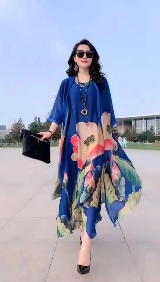 Authentic Silk Dress for Mother, Silkworm Loose Dress, High-End Print, 2-Piece Dress, Women's Dresses, Spring, Summer, New, 2023