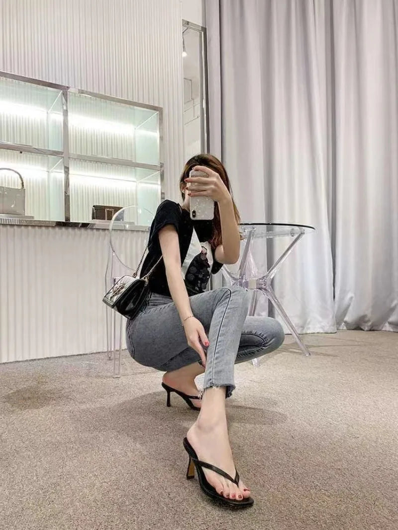 Fashion Heeled Sandals for Women Wearing Noble Slippers with Slim Heels and Legs,square Toe Sandal for Summer Sandalias De Mujer