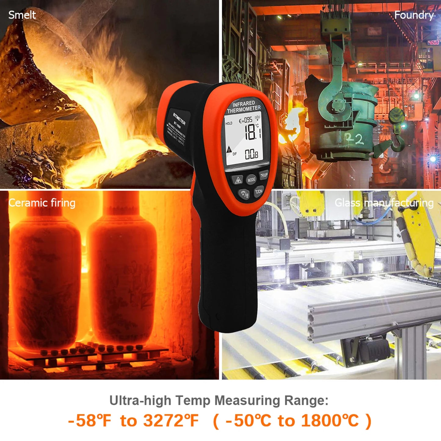Infrared Thermometer Gun Handheld Heat Temperature Gun Laser Temperature Gun with Adjustable Emissivity Measure -50°C to 1800°C