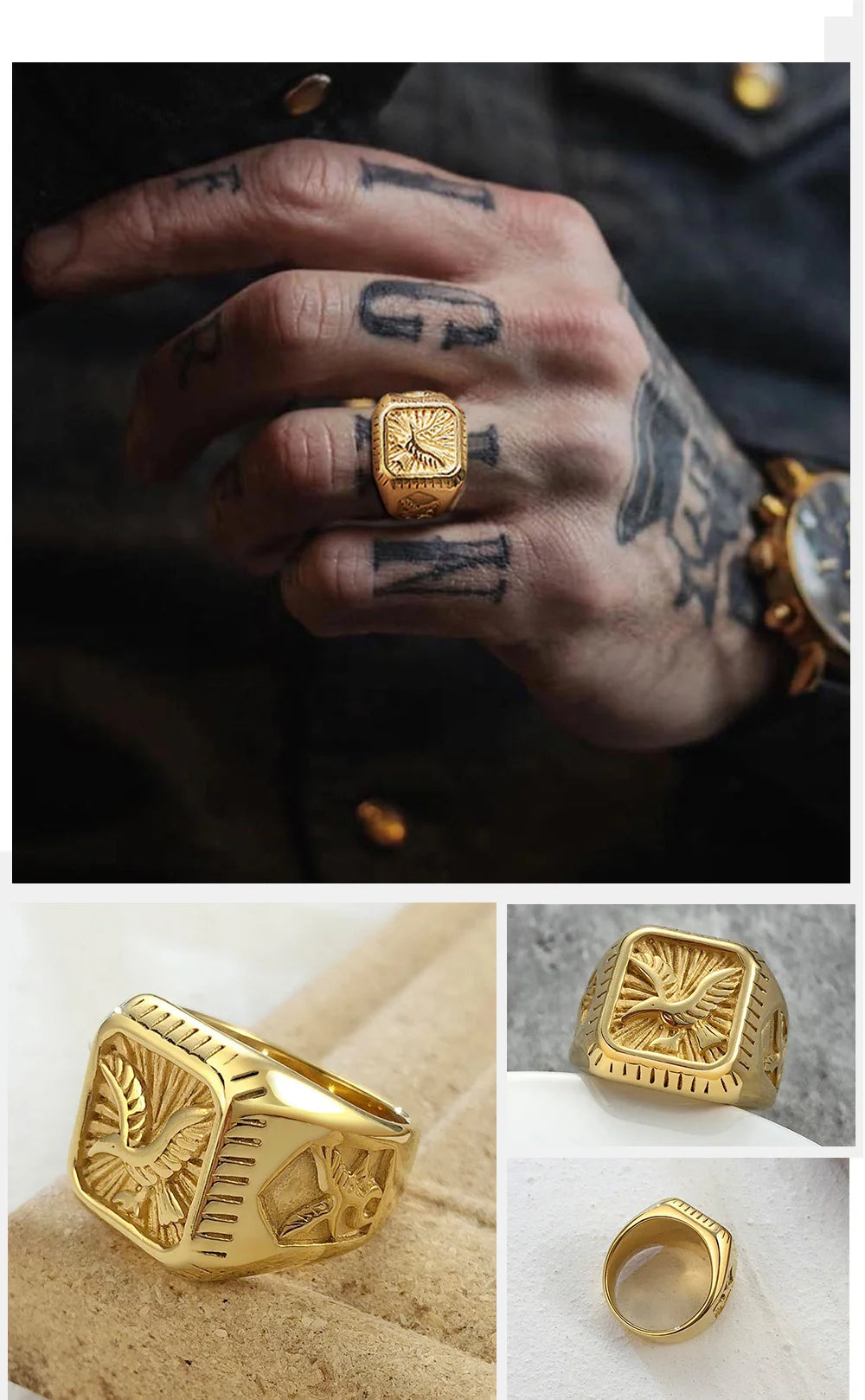 Bald Eagle Signet Ring For Men Gold Plated Bird Stamp Bird Rings Stainless Steel Hawk Band Jewelry