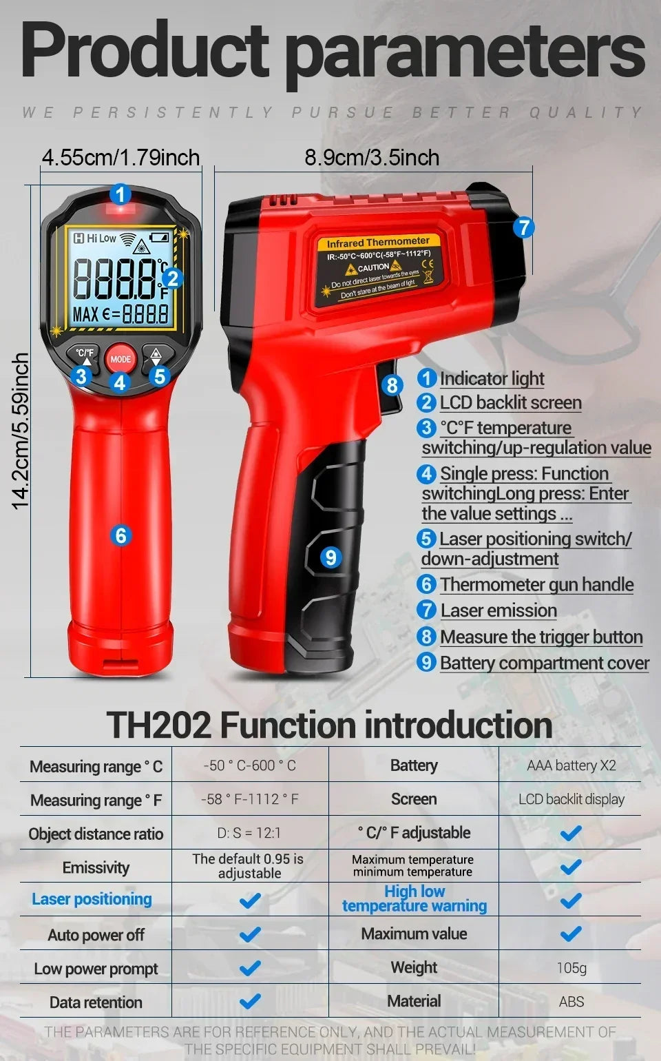 Infrared Laser Thermometer ANENG TH202 Digital Temperature Non Contact Meter LCD Display Pyrometer Point Gun Tester Tools